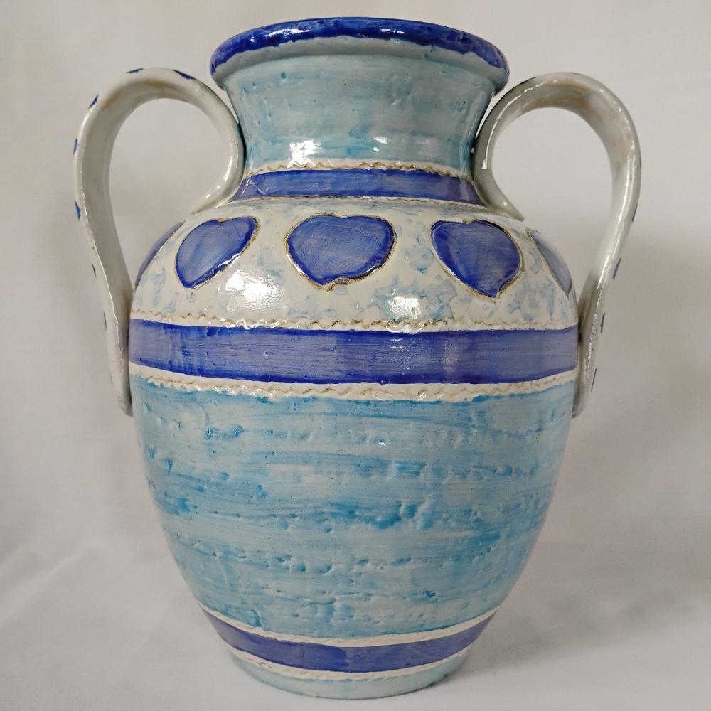 Blue & White Stripes / Hearts Pattern Pottery Urn With Handles Retro Home Decor